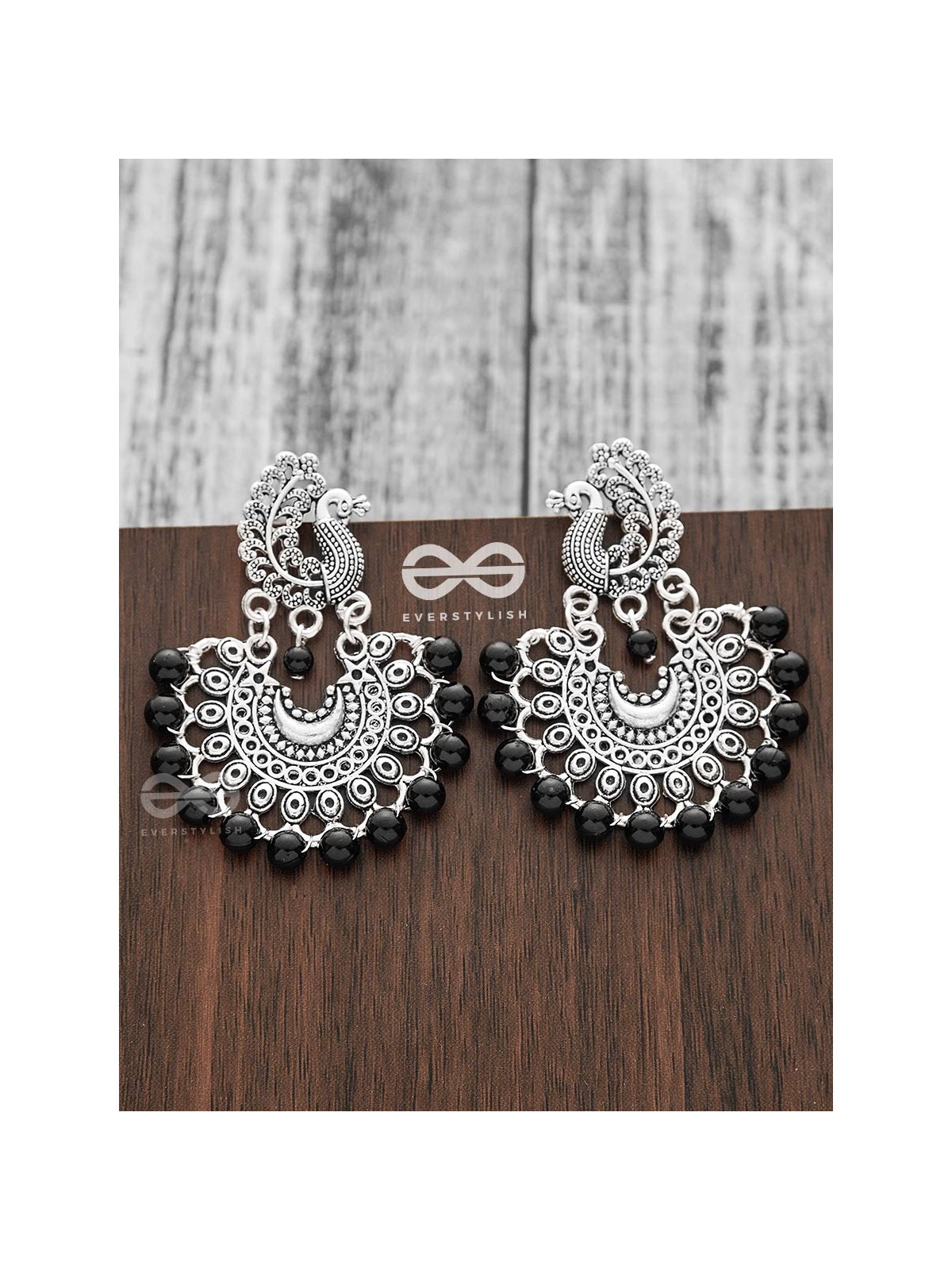 The Peacock Motif Moon Black Pearl Earrings - Silver