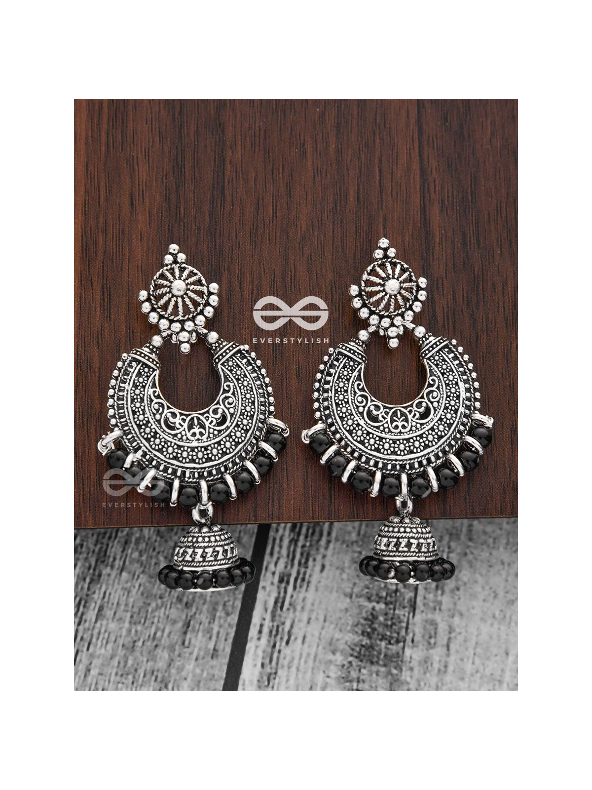 The Motif Moon Pearled Jhumkis(Silver-Black) - Oxidised Boho Earrings