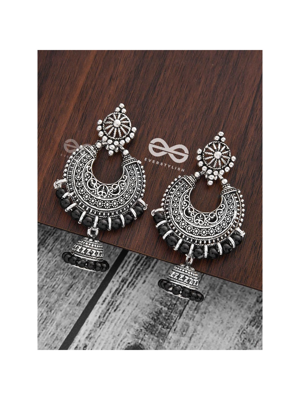 The Motif Moon Pearled Jhumkis(Silver-Black) - Oxidised Boho Earrings