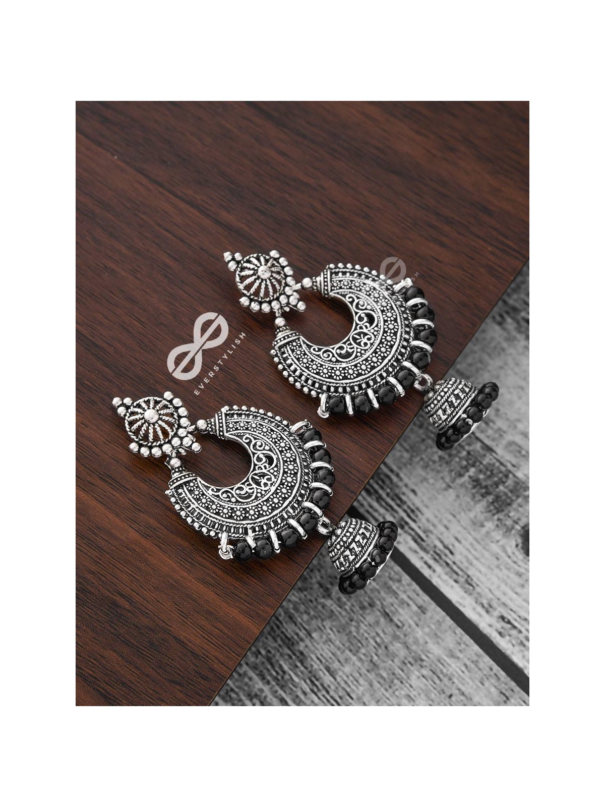 The Motif Moon Pearled Jhumkis(Silver-Black) - Oxidised Boho Earrings