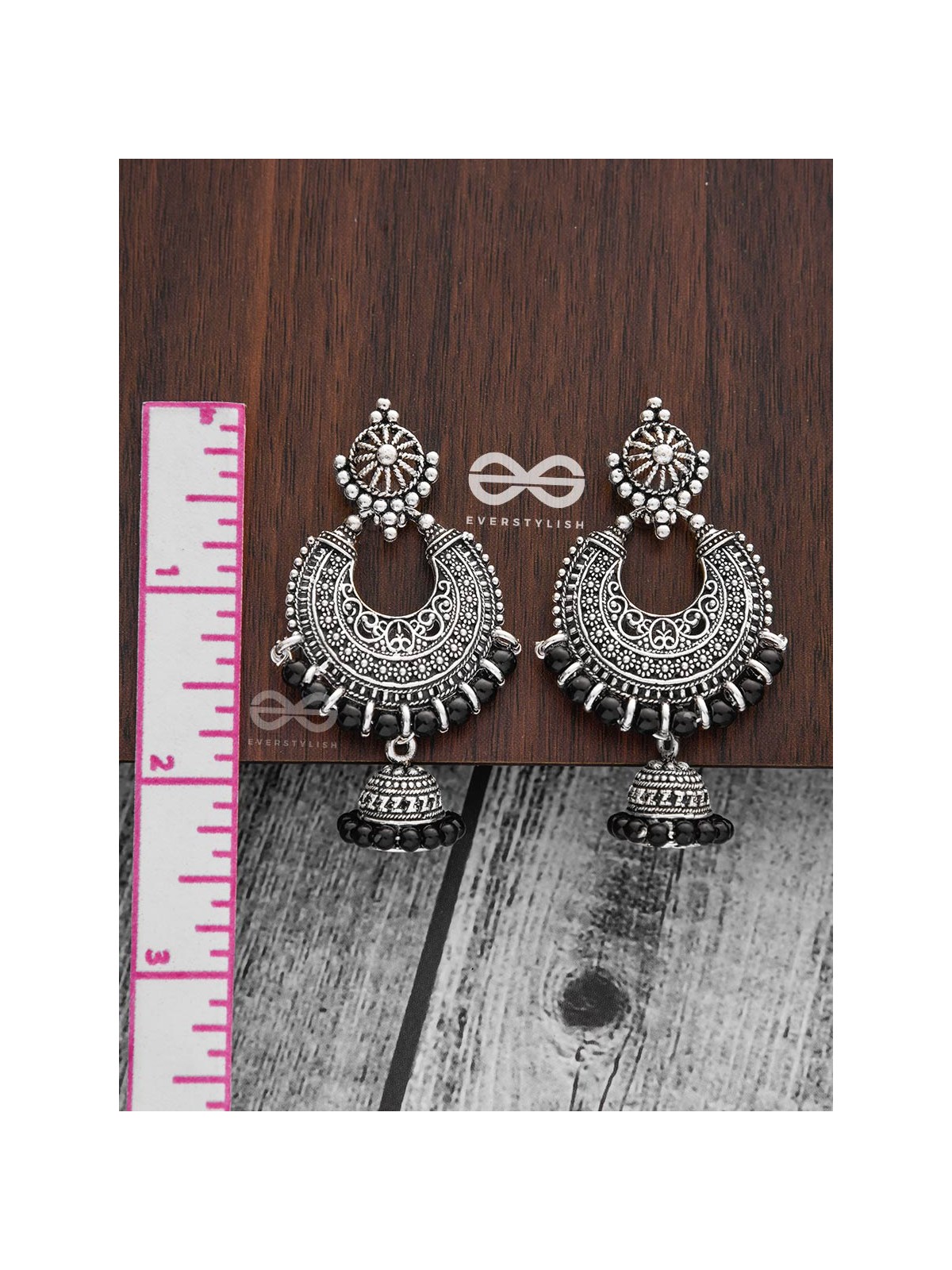 The Motif Moon Pearled Jhumkis(Silver-Black) - Oxidised Boho Earrings