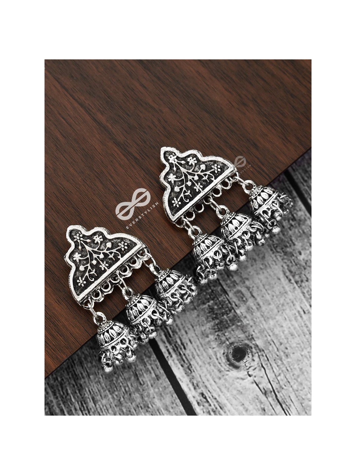 The Boho Delight - Triple Jhumki Studs - Oxidised Boho Earrings