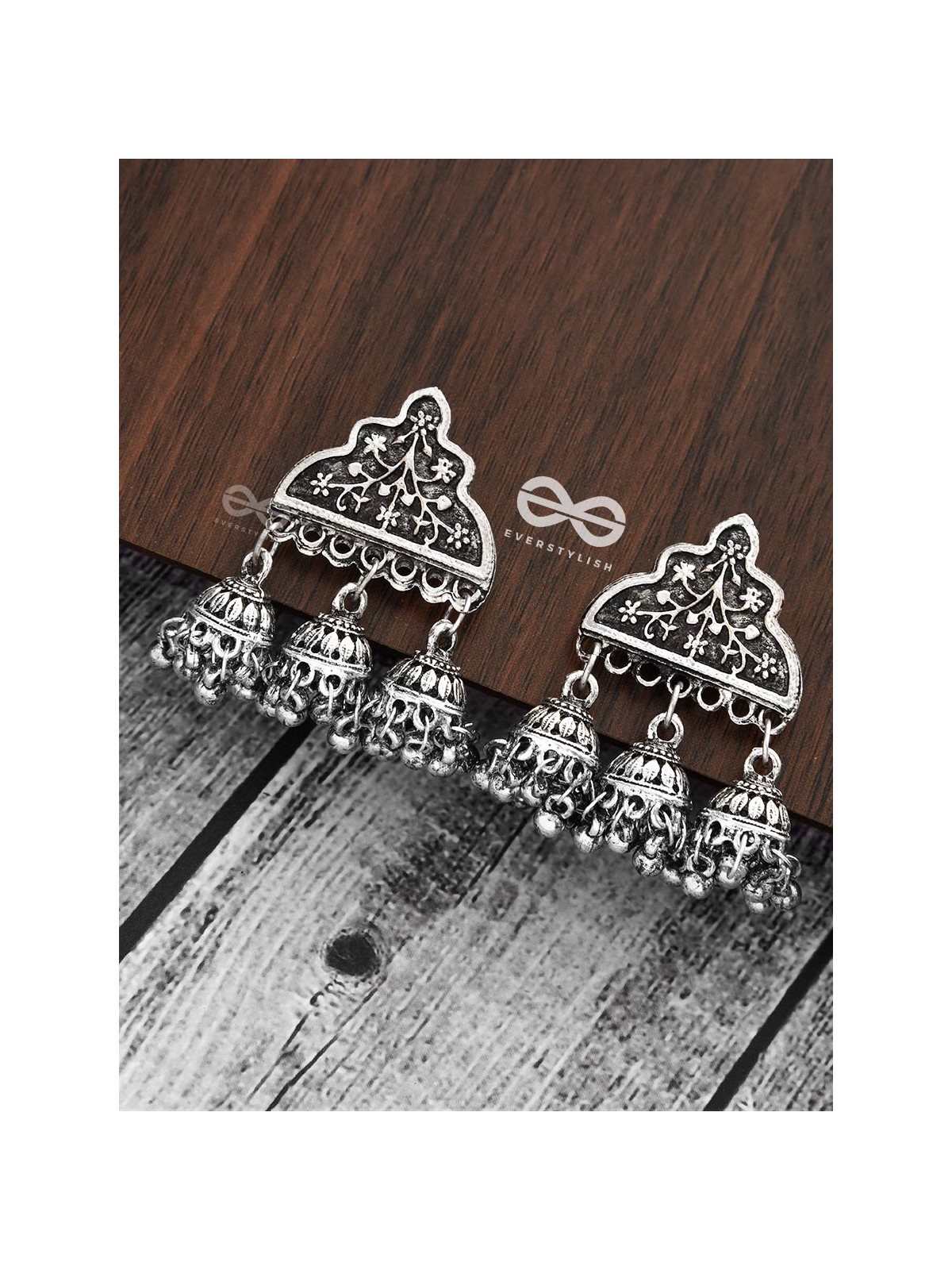 The Boho Delight - Triple Jhumki Studs - Oxidised Boho Earrings