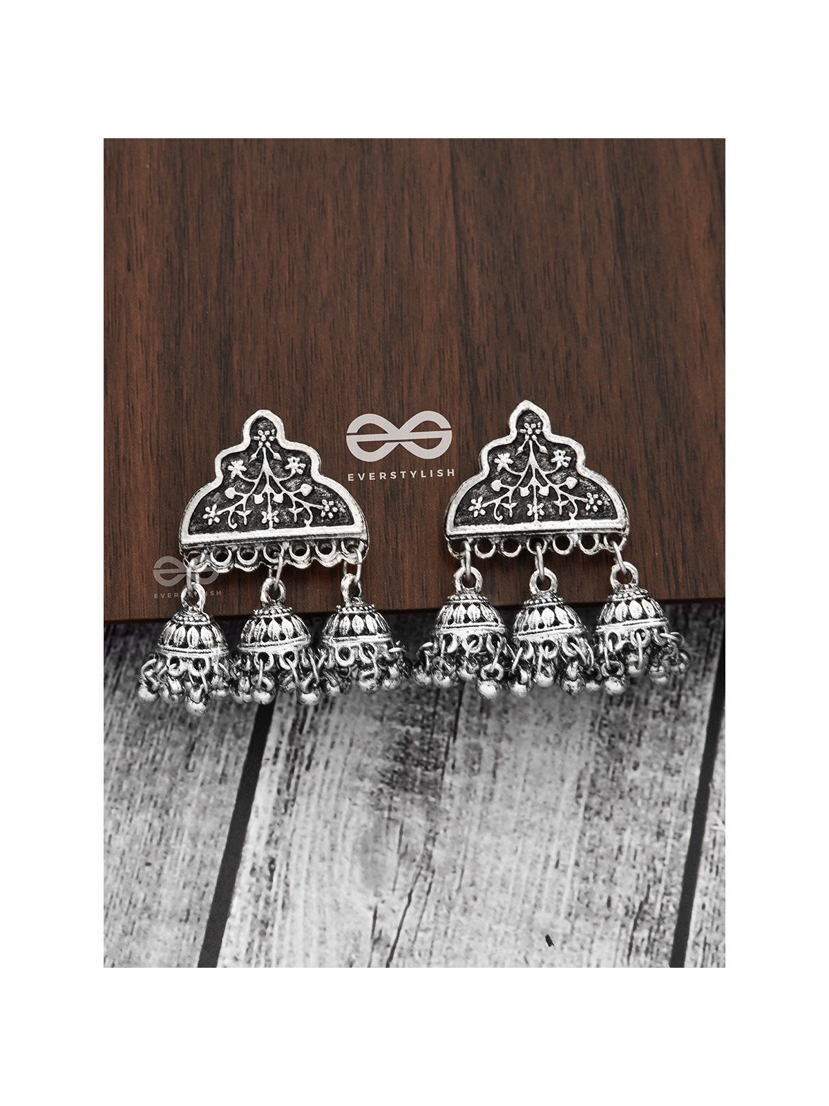 The Boho Delight - Triple Jhumki Studs - Oxidised Boho Earrings