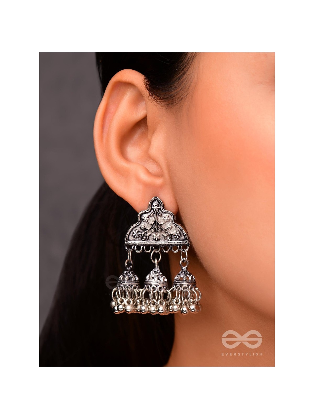 The Boho Delight - Triple Jhumki Studs - Oxidised Boho Earrings