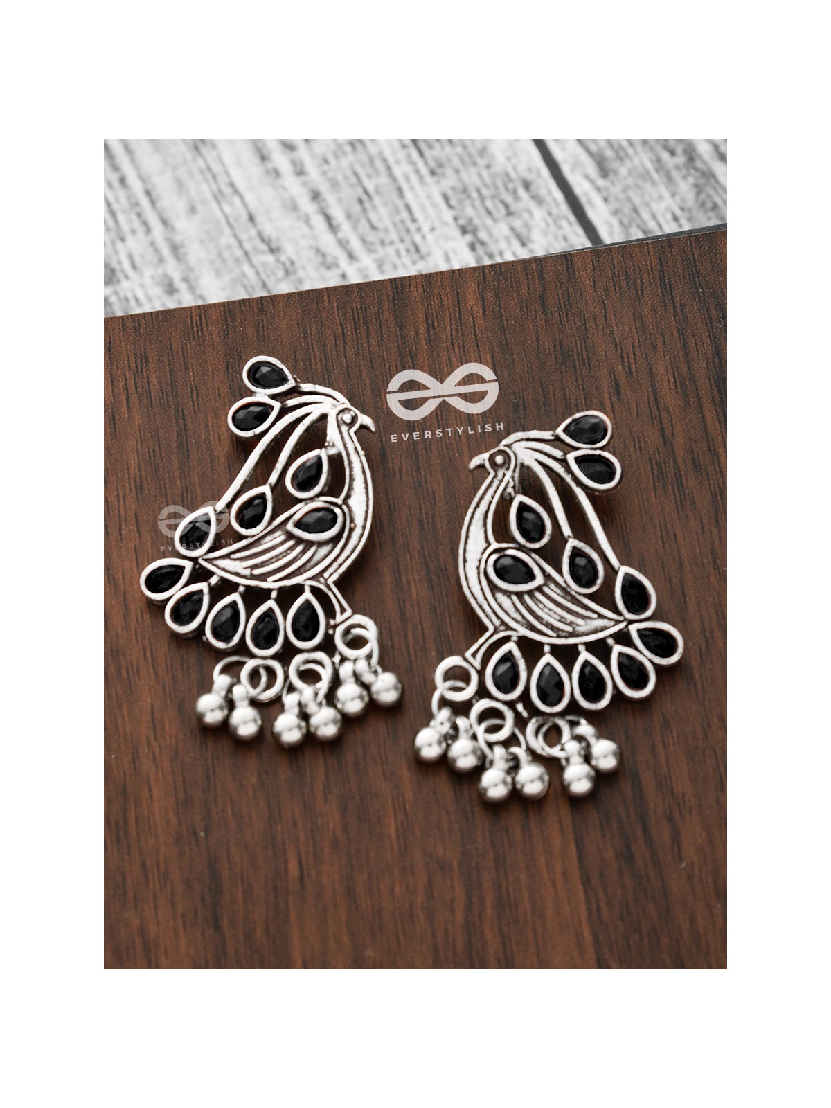 The Vintage Bird Artwork Studs(Onyx Black) - Embellished Oxidised Collection