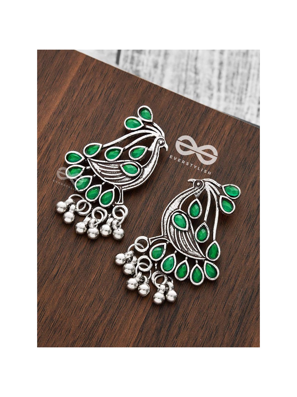The Vintage Bird Artwork Studs(Emerald Green) - Embellished Oxidised Collection
