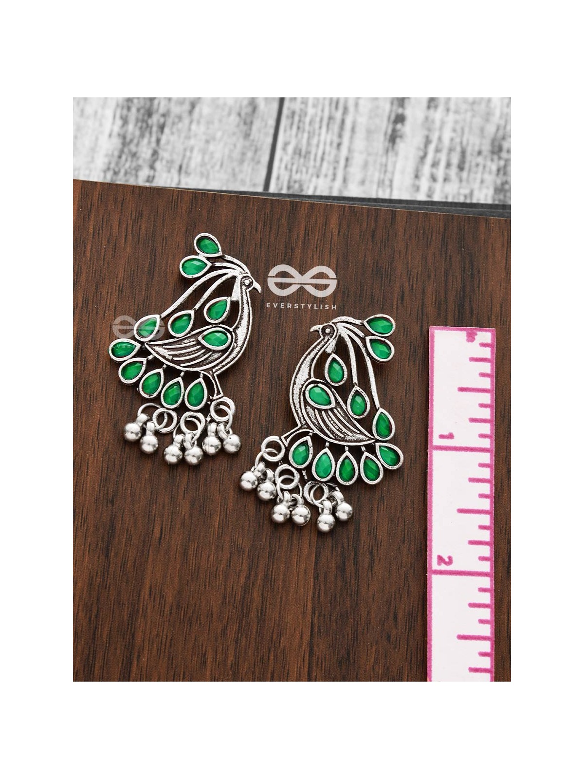 The Vintage Bird Artwork Studs(Emerald Green) - Embellished Oxidised Collection
