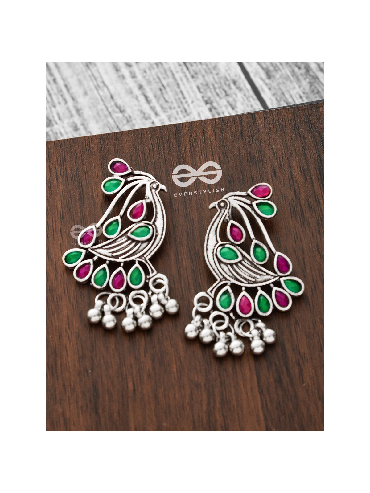 The Vintage Bird Artwork Studs(Ruby-Emerald) - Embellished Oxidised Collection