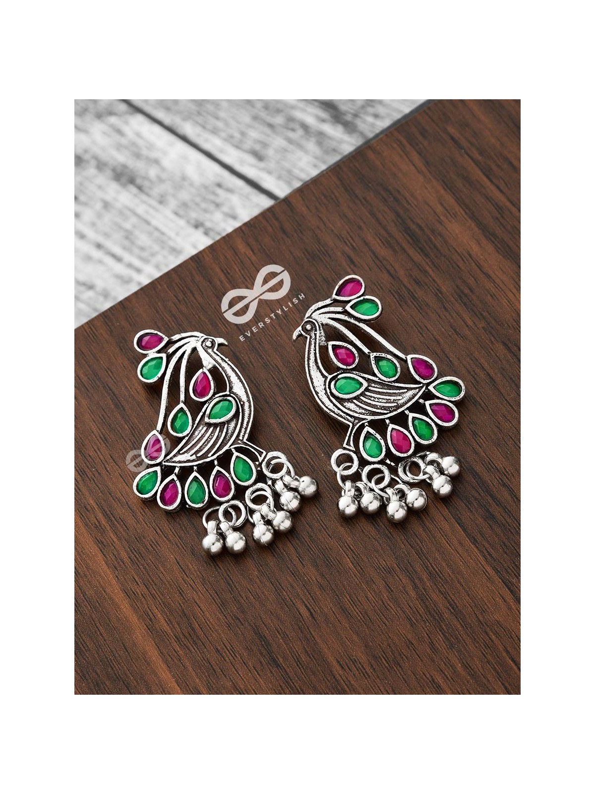 The Vintage Bird Artwork Studs(Ruby-Emerald) - Embellished Oxidised Collection