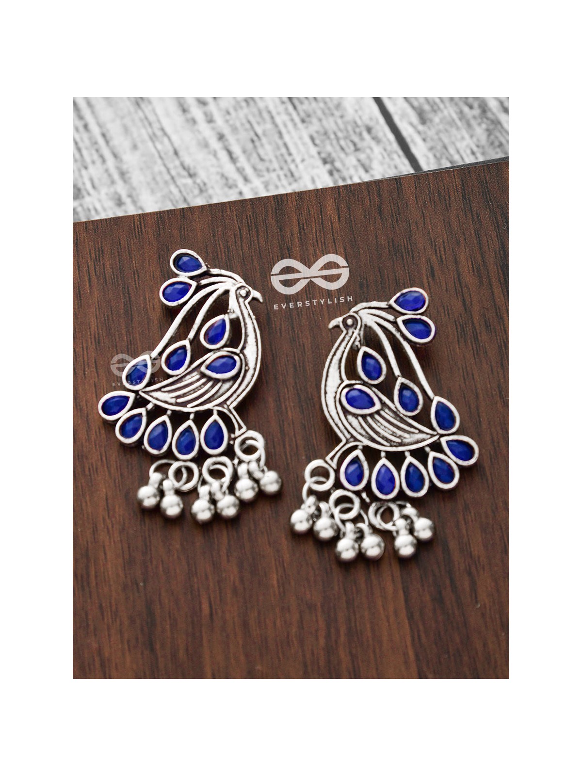The Vintage Bird Artwork Studs(Sapphire Blue) - Embellished Oxidised Collection