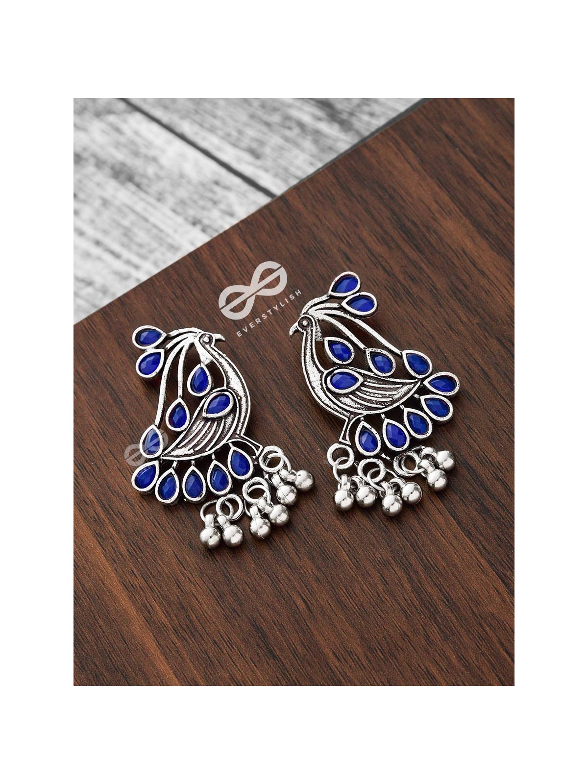 The Vintage Bird Artwork Studs(Sapphire Blue) - Embellished Oxidised Collection
