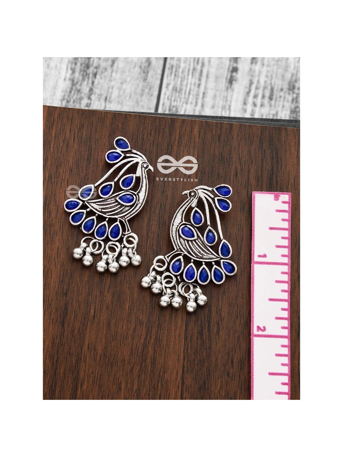 The Vintage Bird Artwork Studs(Sapphire Blue) - Embellished Oxidised Collection