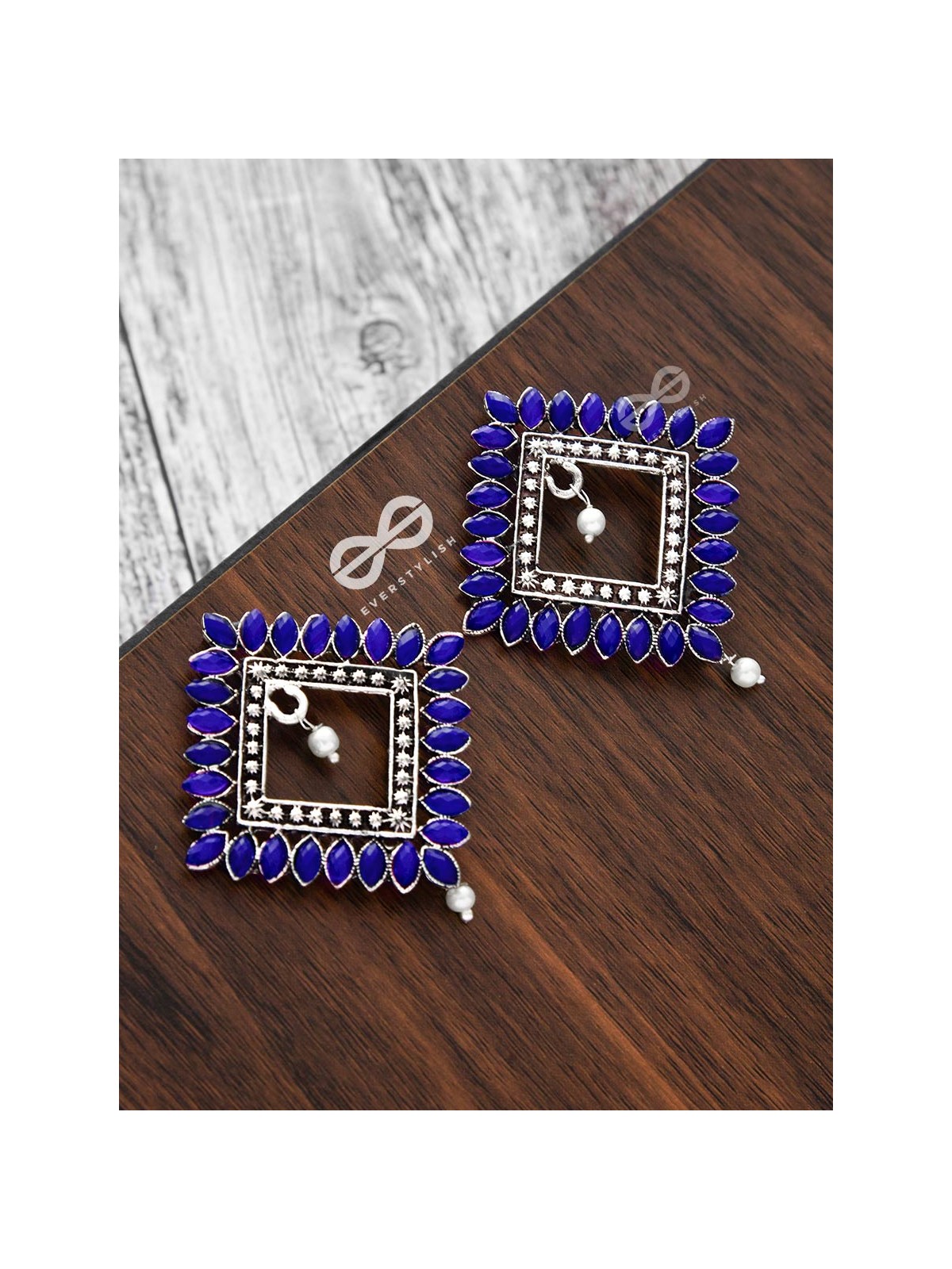 The Elegance Squared Studs (Sapphire Blue)- Embellished Oxidised Collection