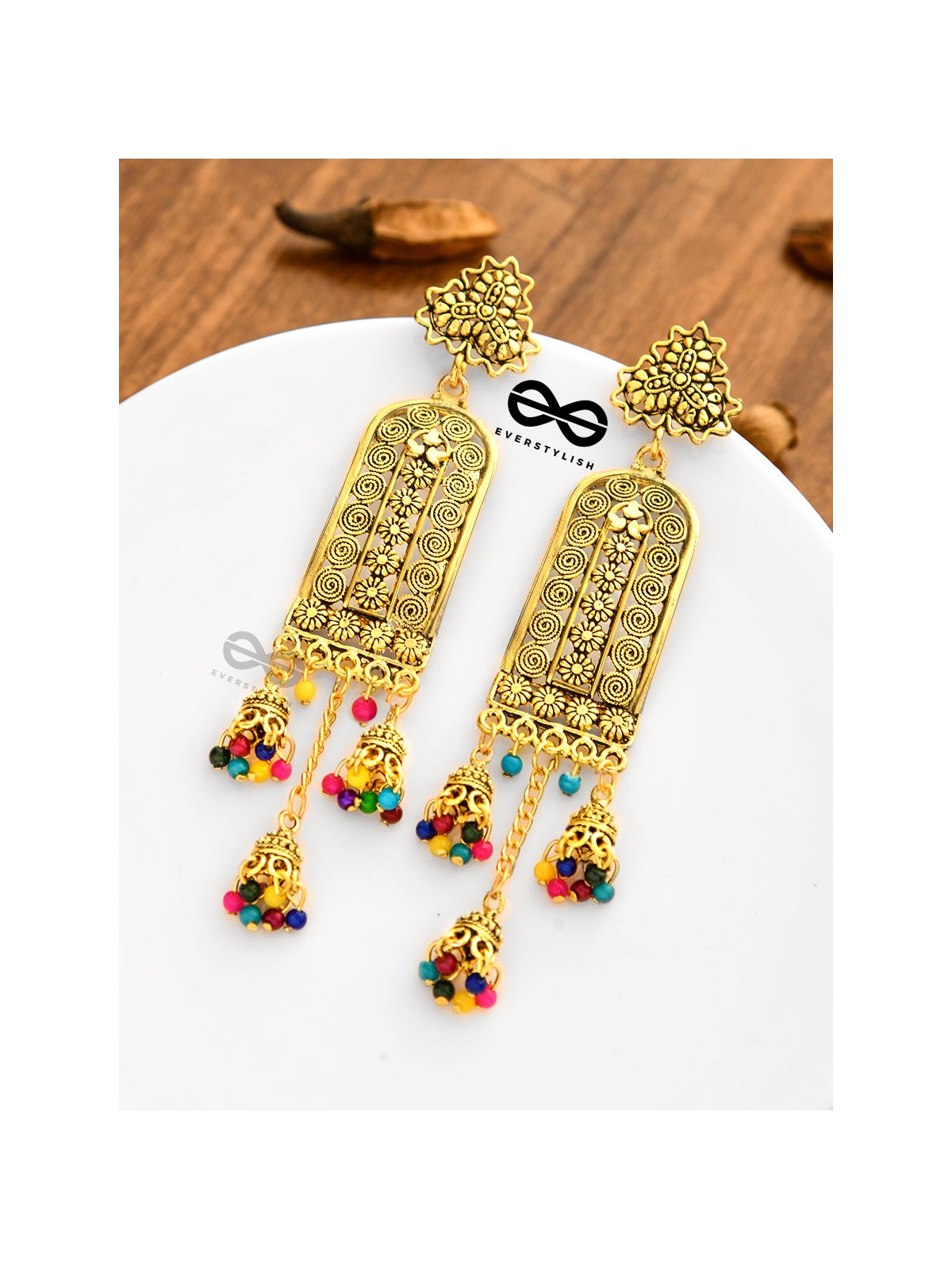 The Triple Jhumki Artistic Delight (Golden) - Oxidised Boho Earrings