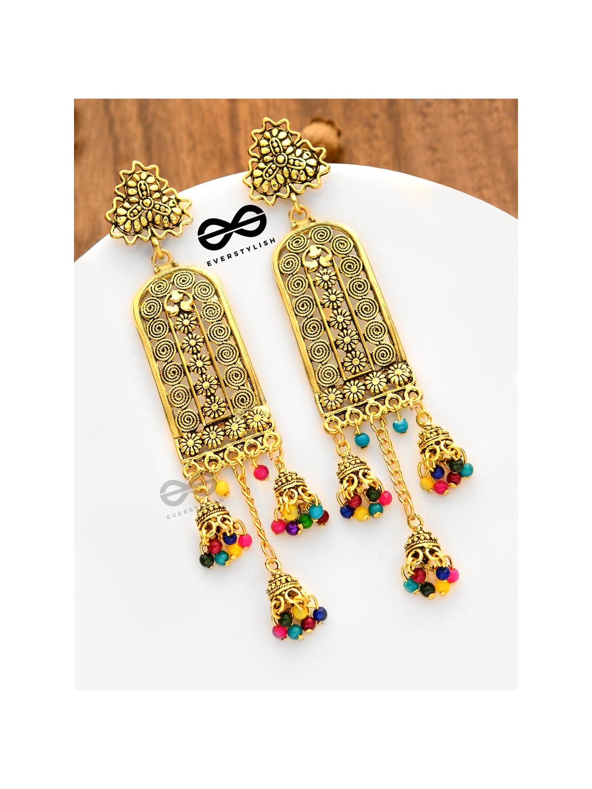 The Triple Jhumki Artistic Delight (Golden) - Oxidised Boho Earrings