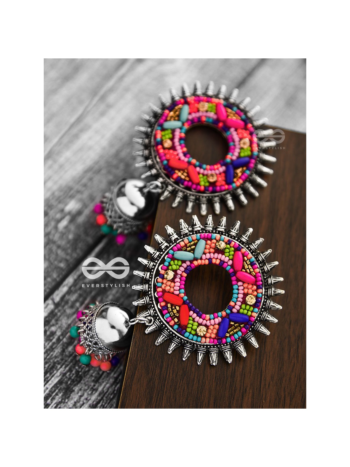 The Rounded Beaded Artwork Jhumkis - The Embroidered Oxidised Collection