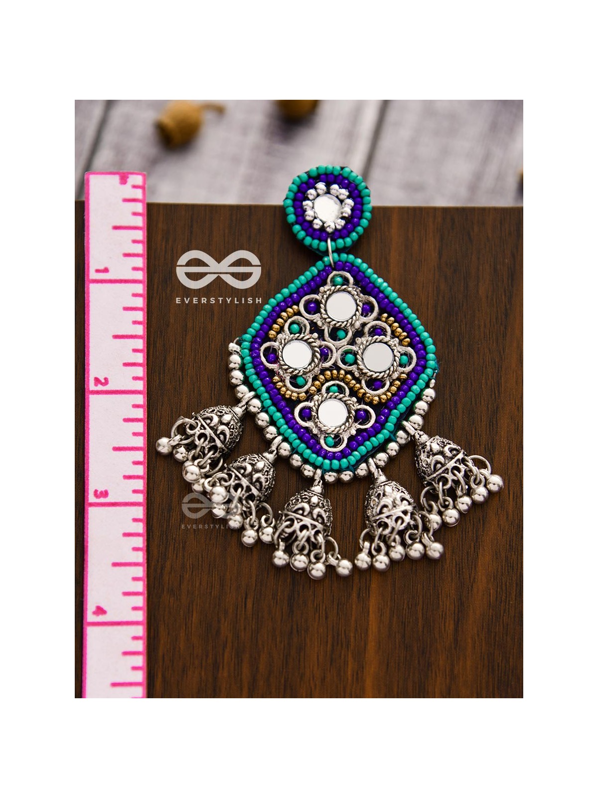 An Intricate Mirror Work Multi Jhumki Embroidered Earrings (Blue)