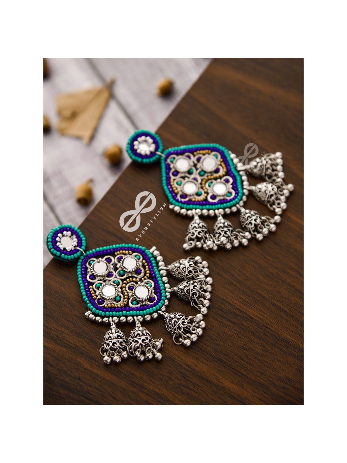 An Intricate Mirror Work Multi Jhumki Embroidered Earrings (Blue)