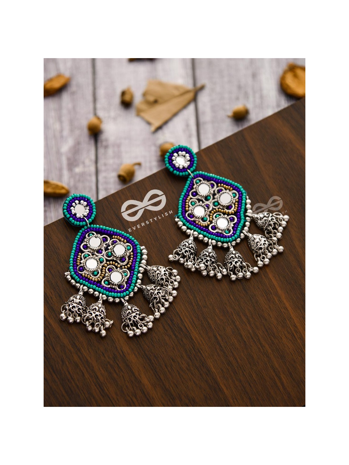 An Intricate Mirror Work Multi Jhumki Embroidered Earrings (Blue)
