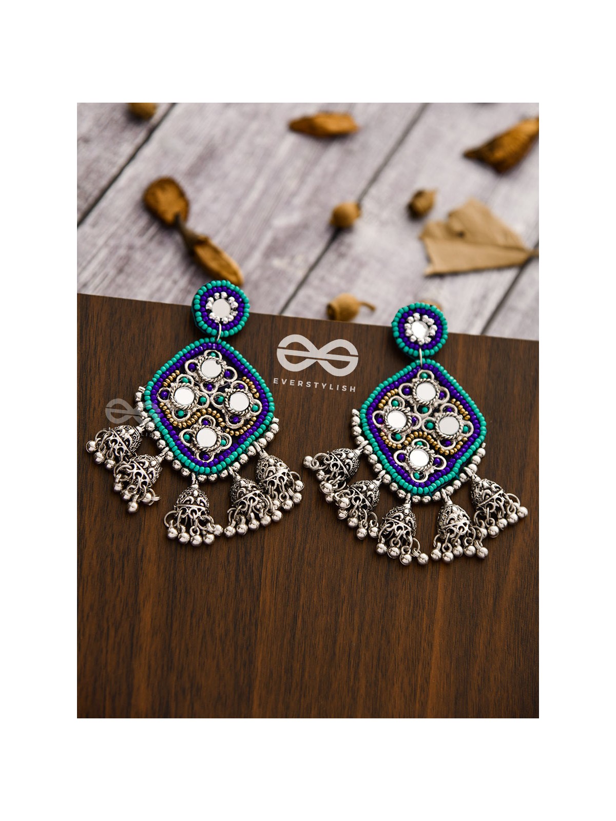 An Intricate Mirror Work Multi Jhumki Embroidered Earrings (Blue)