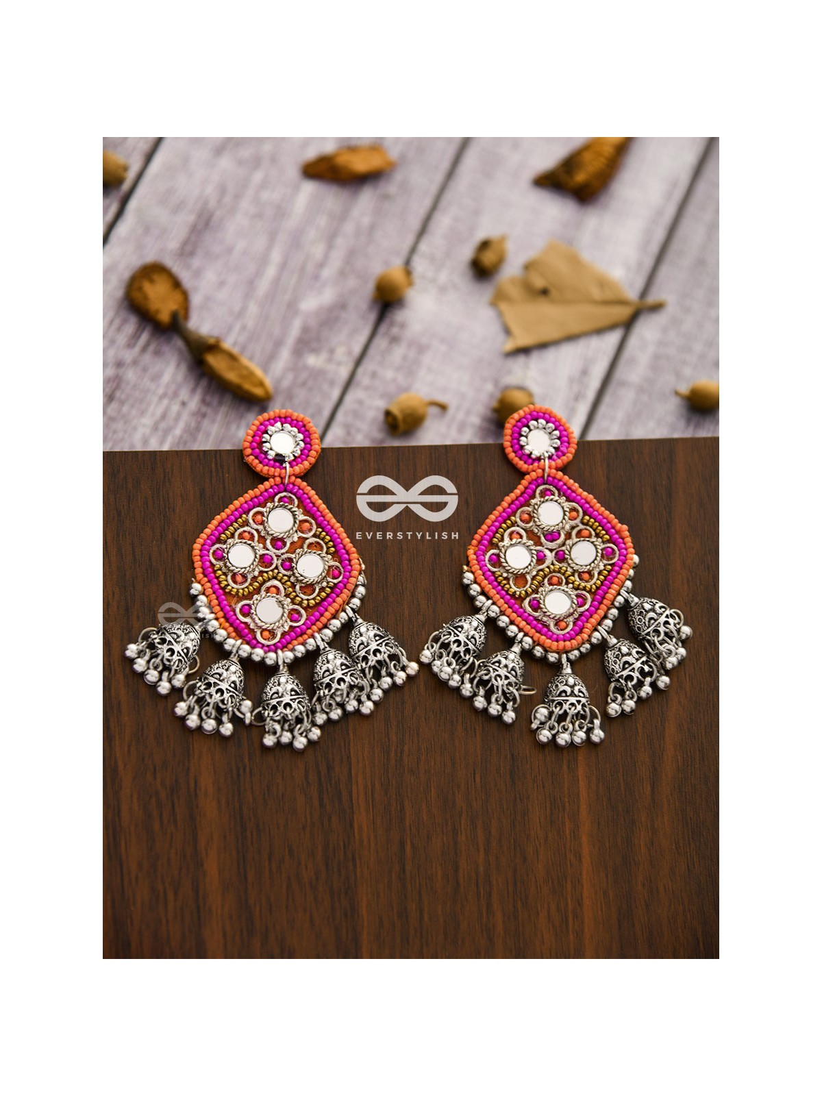 An Intricate Mirror Work Multi Jhumki Embroidered Earrings (Pink)