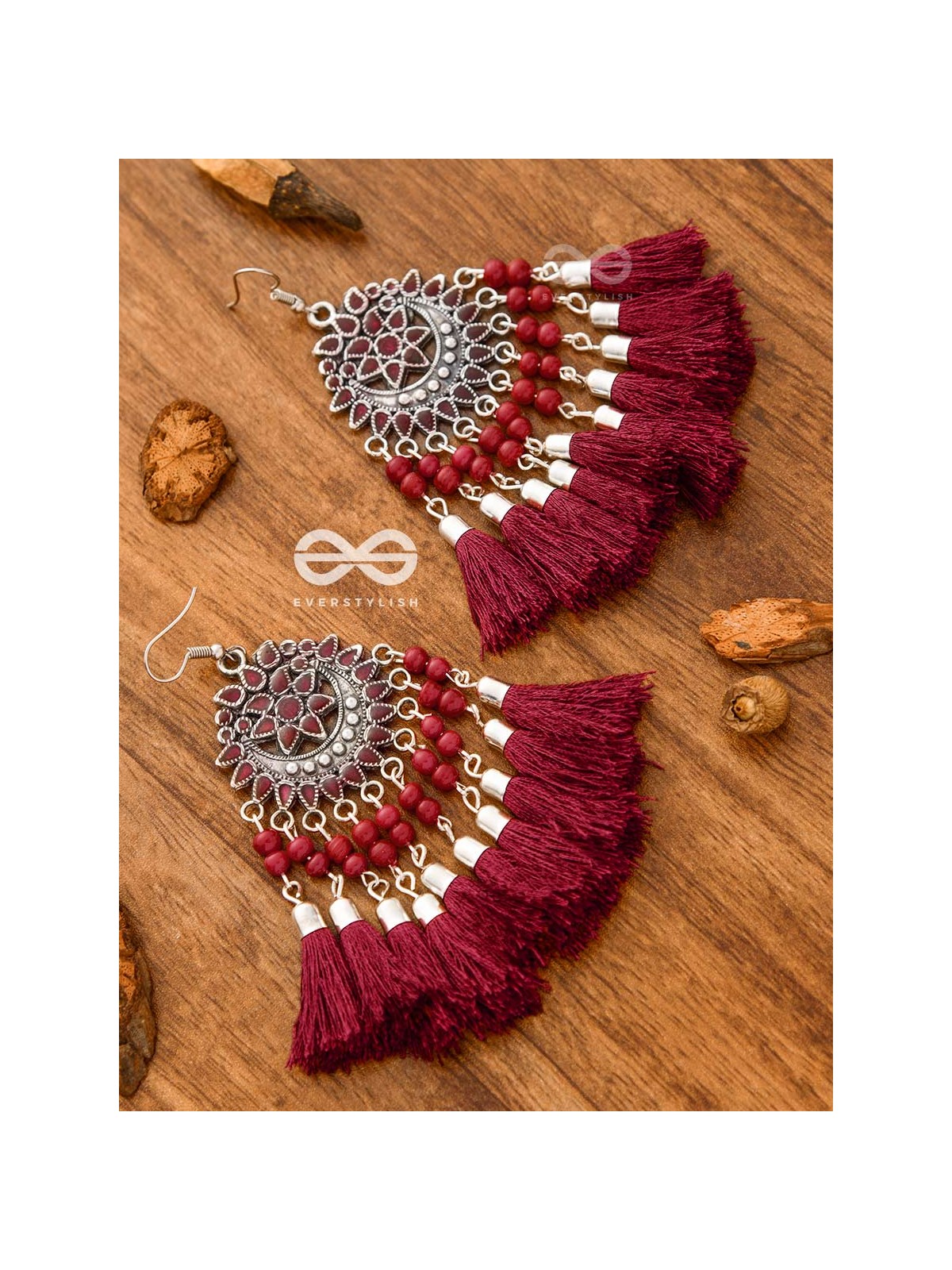 The Enamelled Artwork Tassels (Burgundy) - Oxidised Boho Earrings