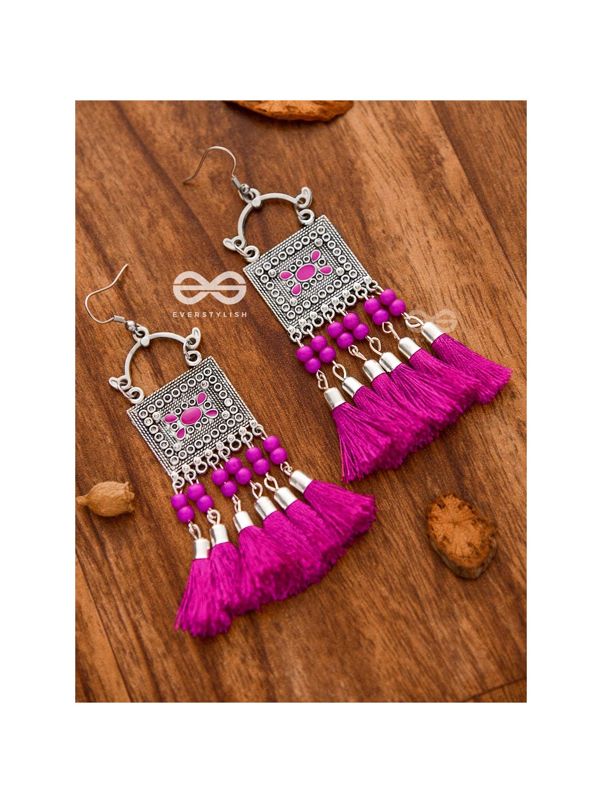 The Enamelled Tassel Squares (Fuchsia) - Oxidised Boho Earrings