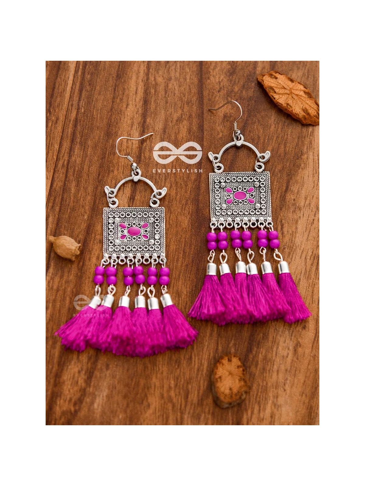 The Enamelled Tassel Squares (Fuchsia) - Oxidised Boho Earrings