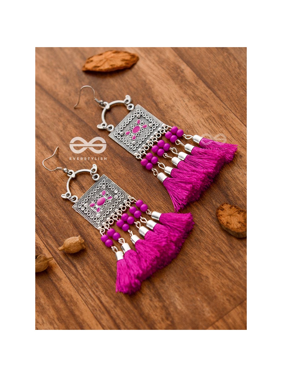 The Enamelled Tassel Squares (Fuchsia) - Oxidised Boho Earrings