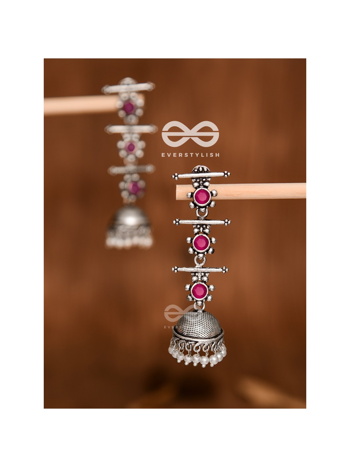 The Elegant Delight - Triple Layered Jhumkas (Ruby Red)