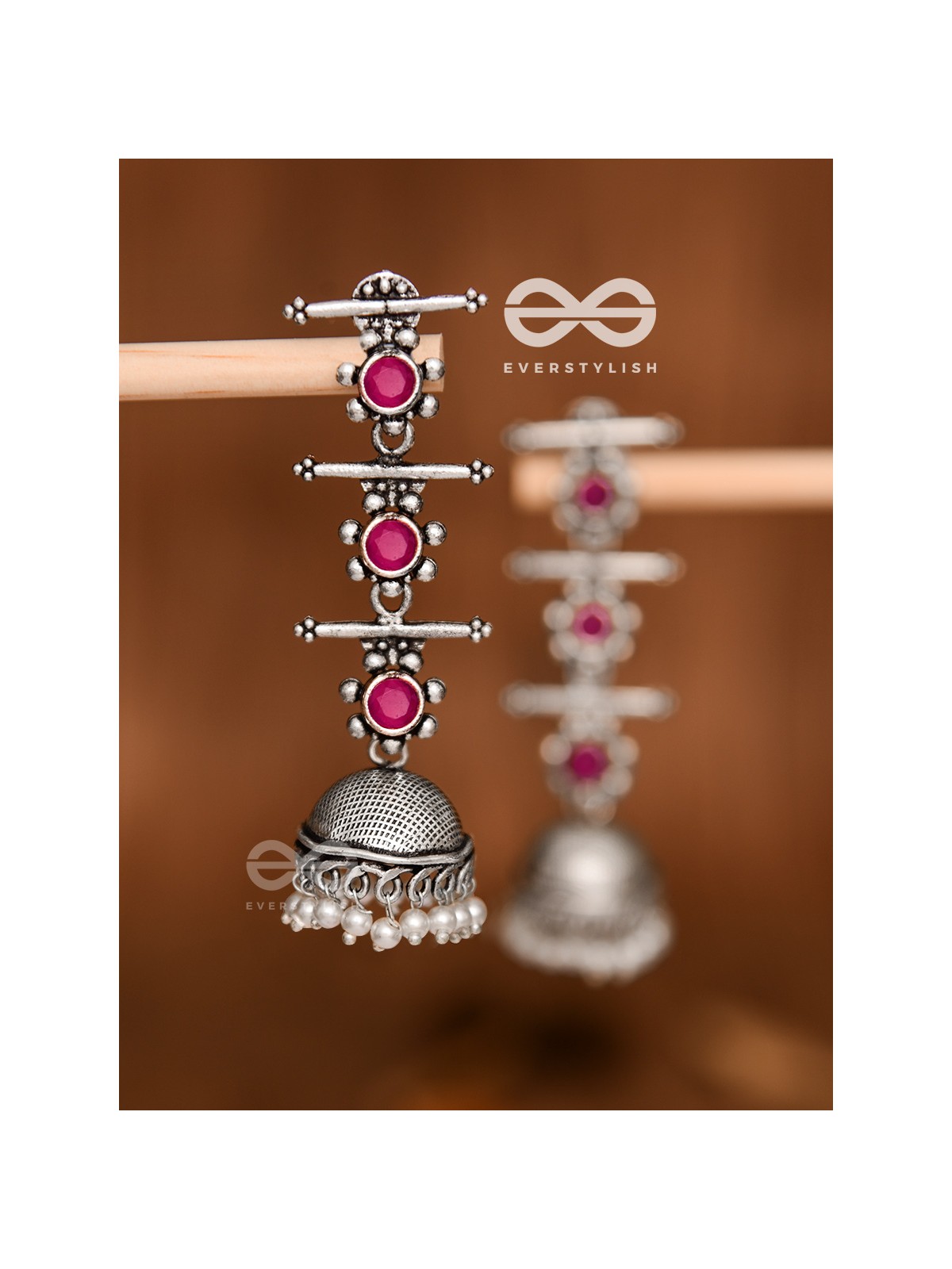 The Elegant Delight - Triple Layered Jhumkas (Ruby Red)