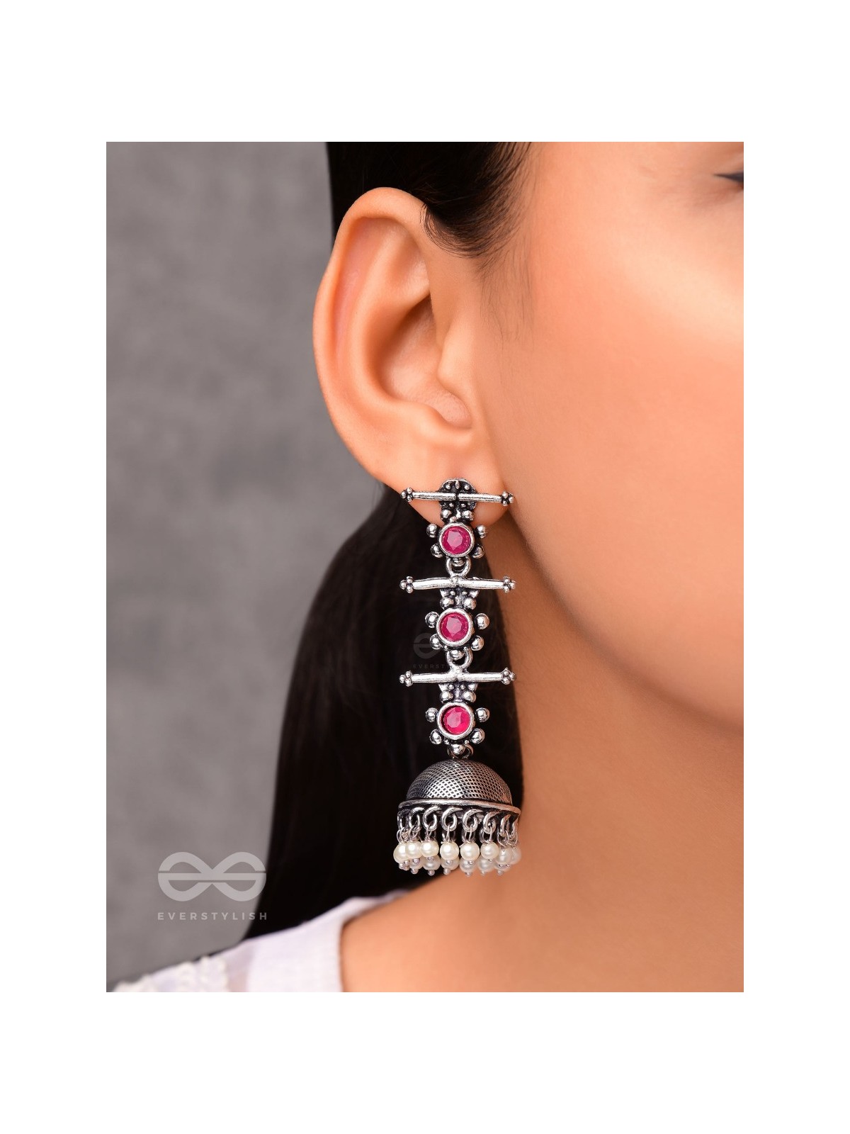 The Elegant Delight - Triple Layered Jhumkas (Ruby Red)