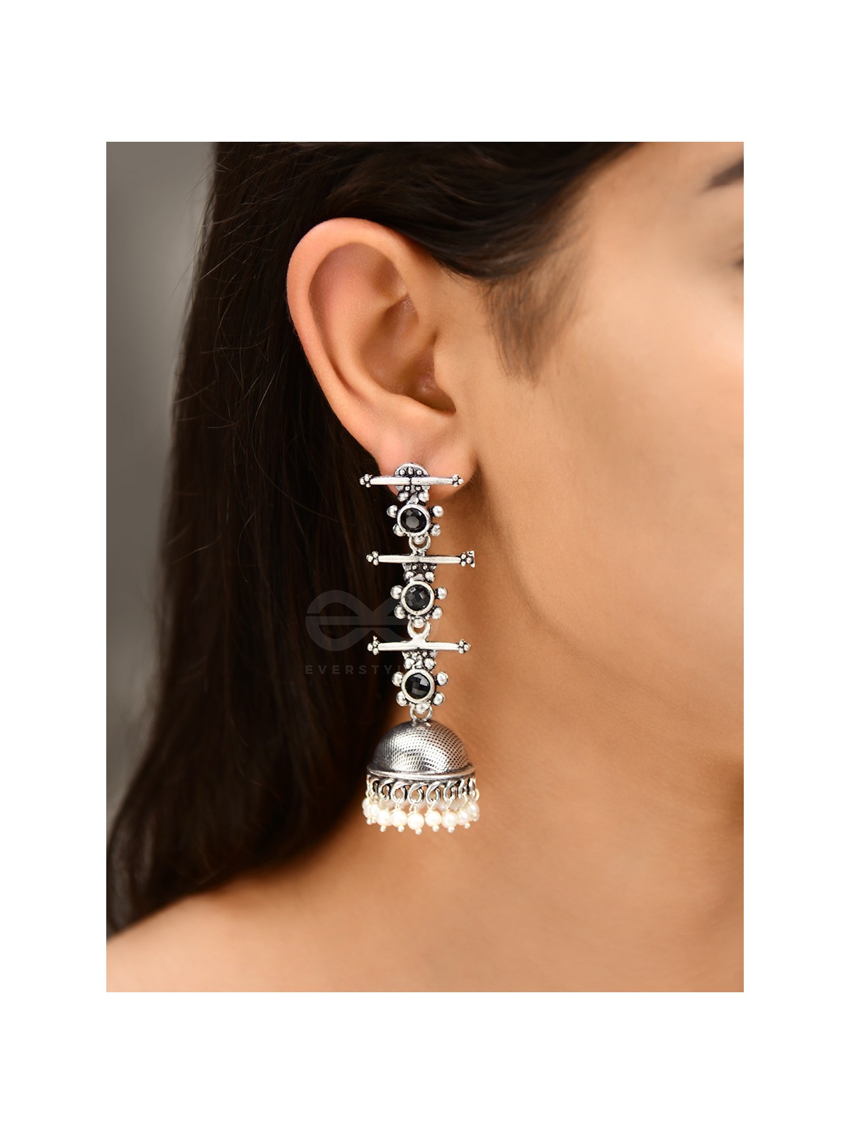 The Elegant Delight - Triple Layered Jhumkas (Onyx Black)