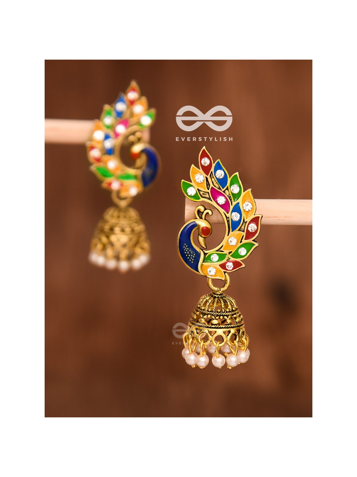 The Little Meenakari Artwork Peacock Jhumkis (Golden)