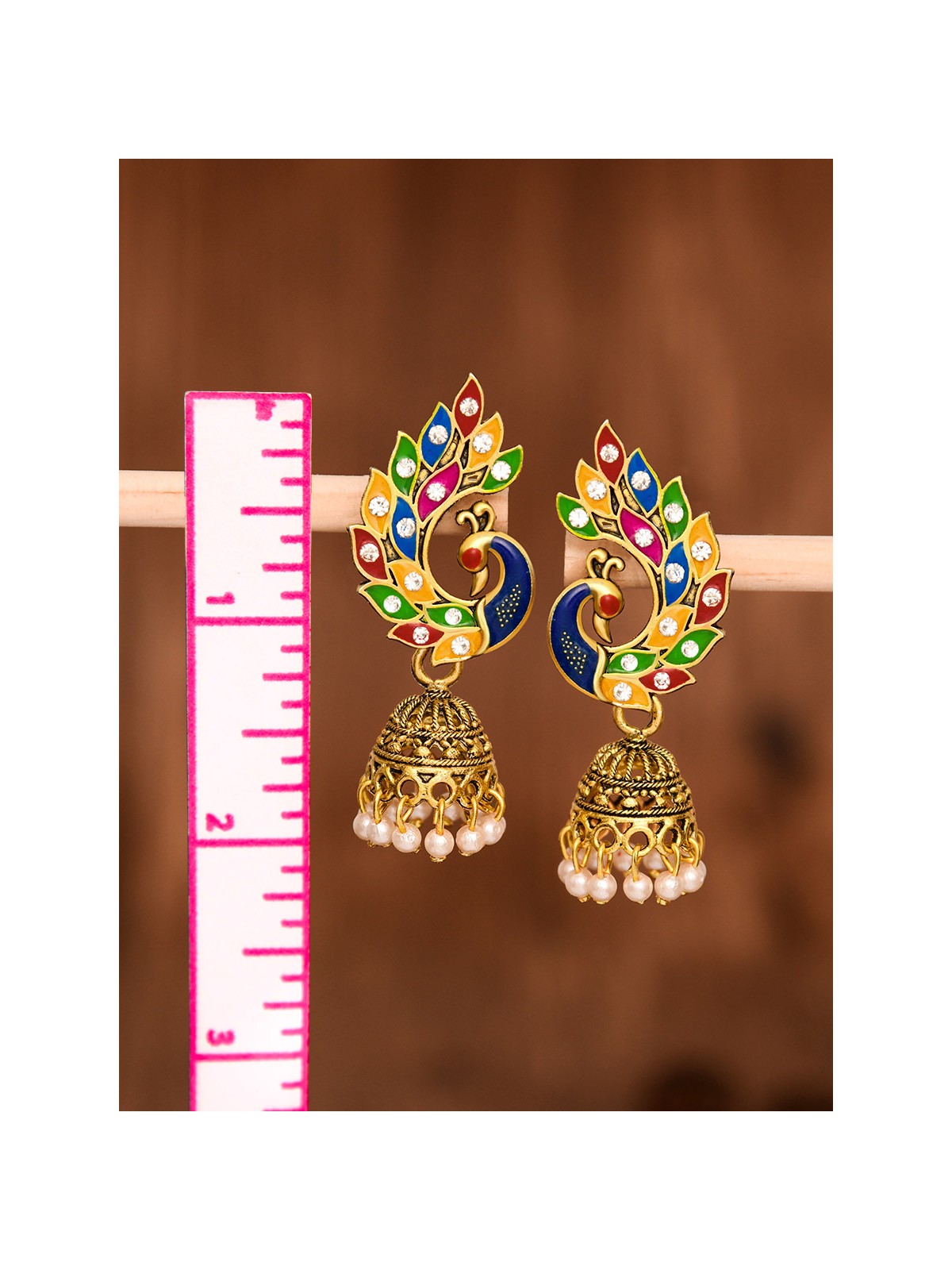 The Little Meenakari Artwork Peacock Jhumkis (Golden)