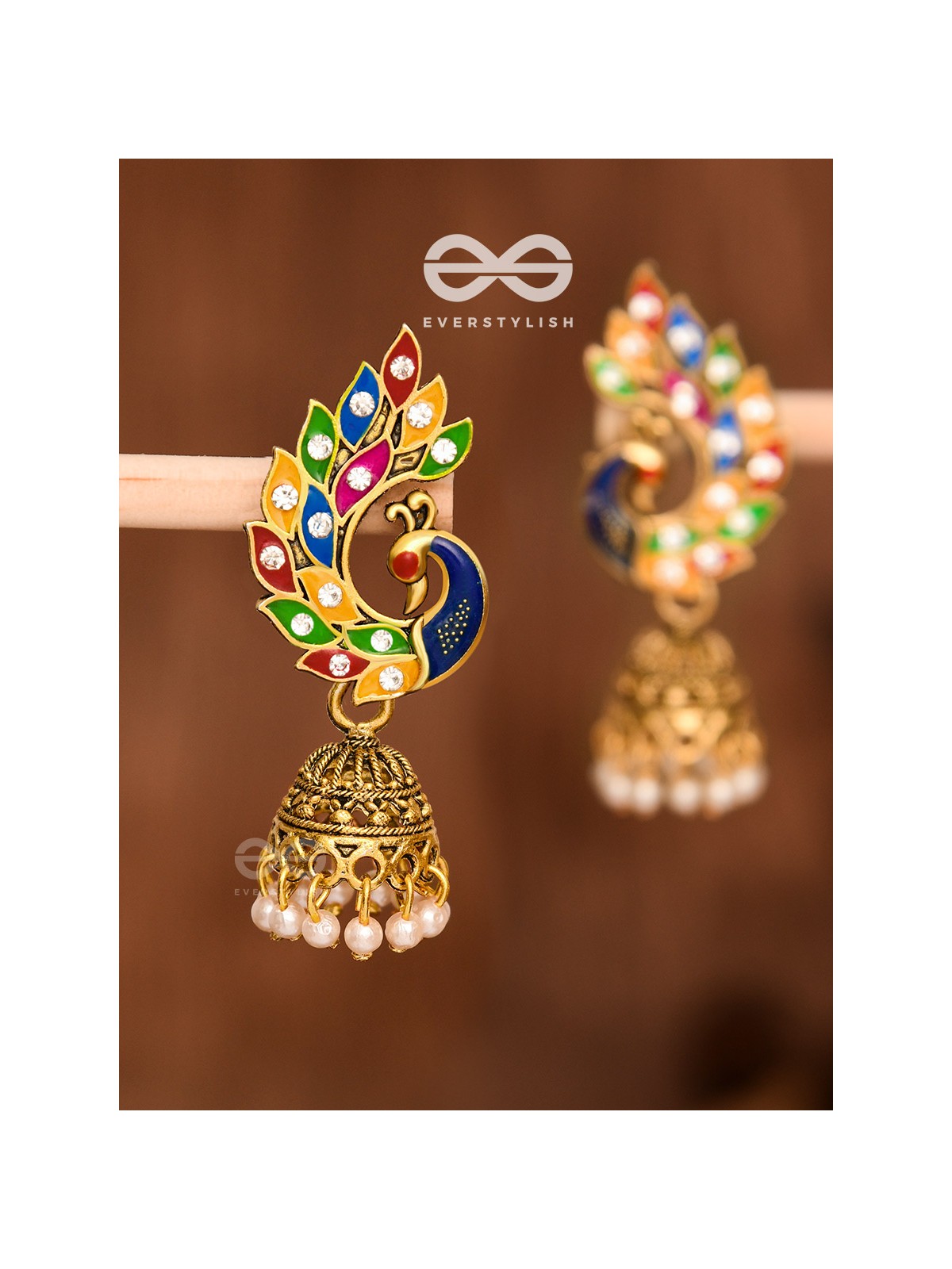The Little Meenakari Artwork Peacock Jhumkis (Golden)