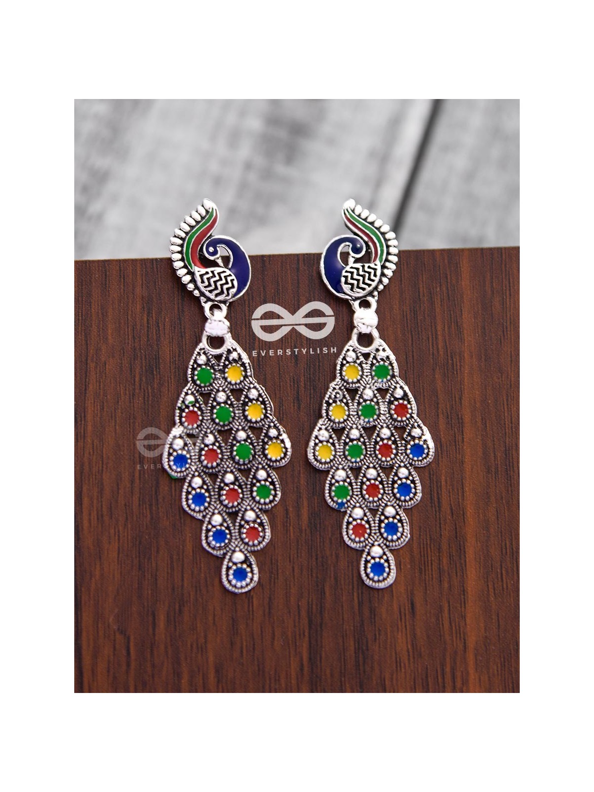 The Meenakari Artwork Peacock Danglers - Embellished Oxidised Collection
