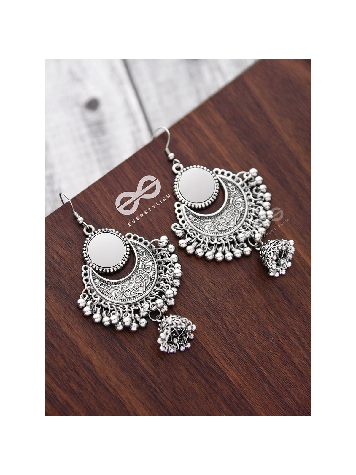 The Mirror Motif Jhumkis - Oxidised Boho Earrings