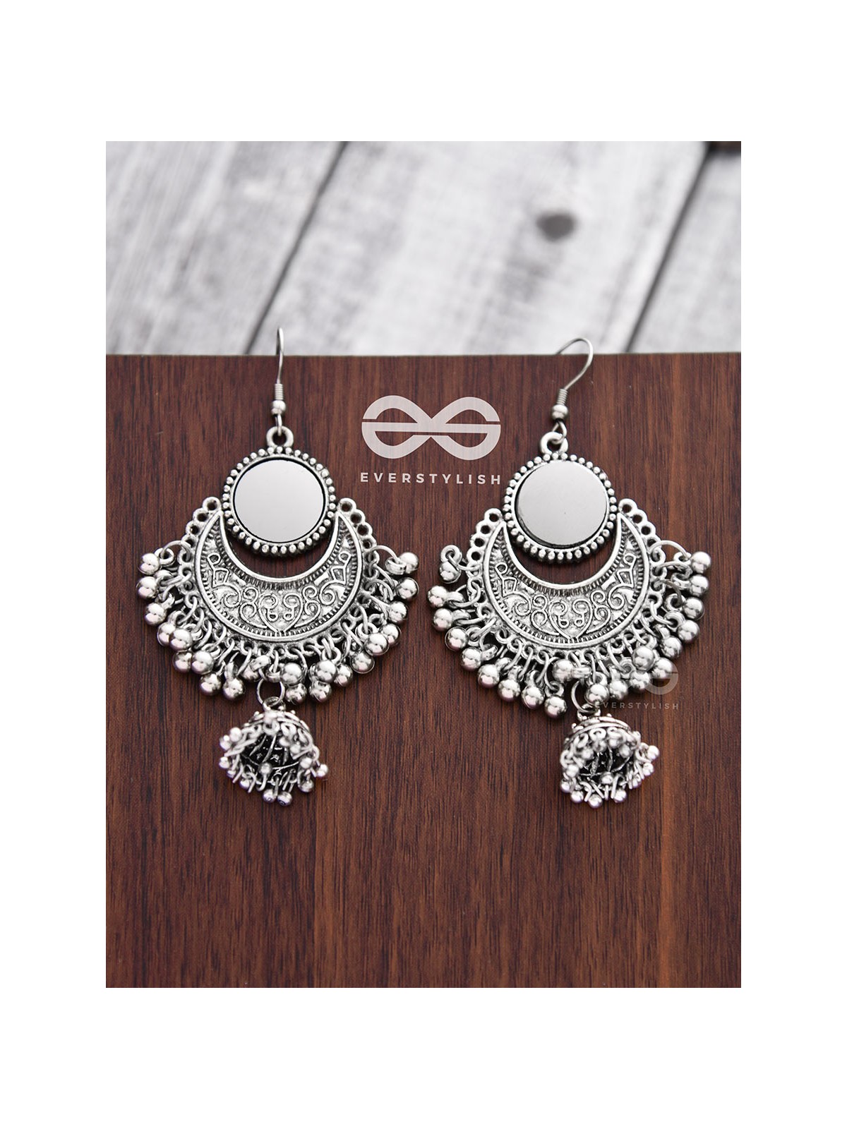 The Mirror Motif Jhumkis - Oxidised Boho Earrings