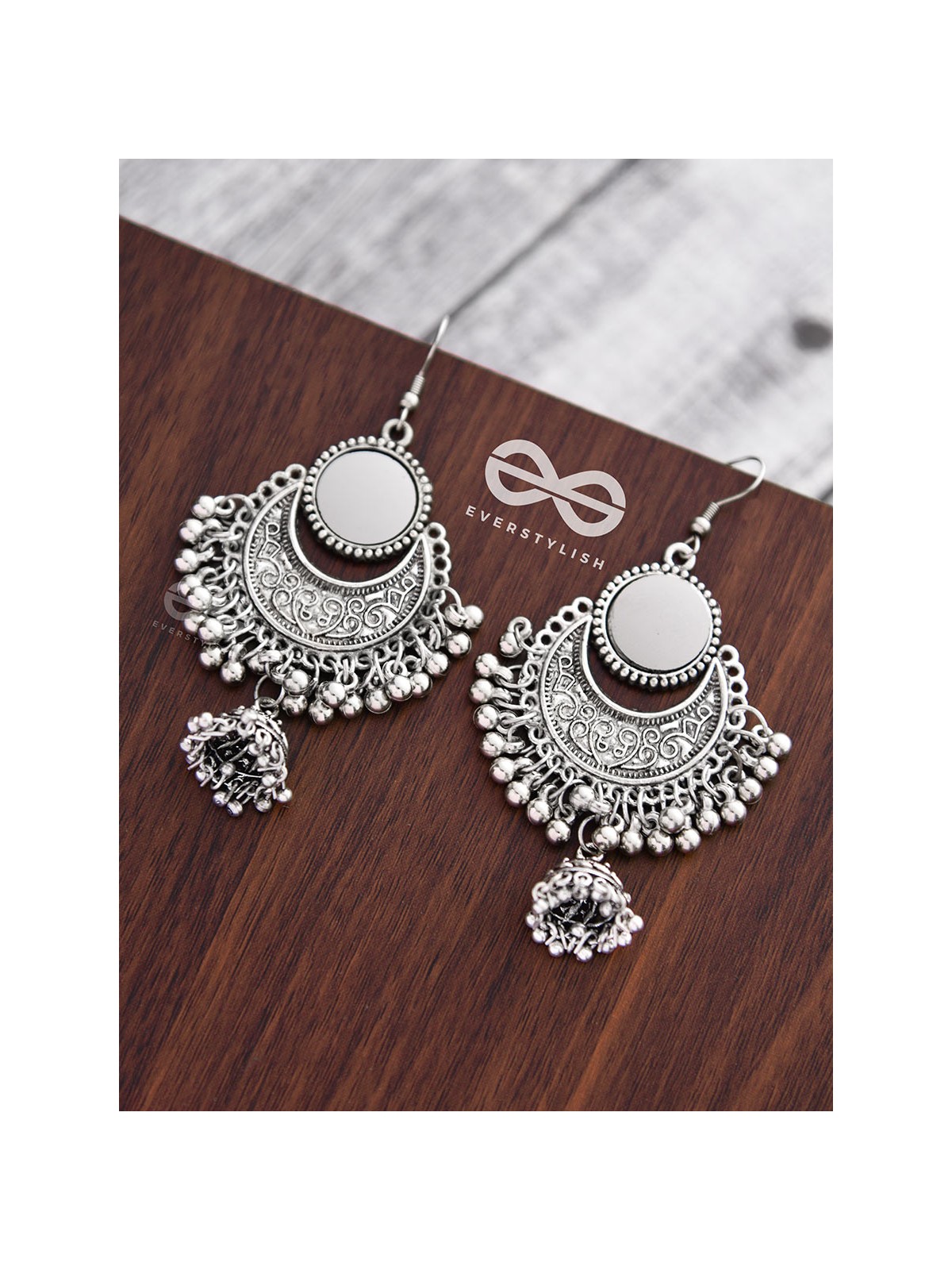 The Mirror Motif Jhumkis - Oxidised Boho Earrings