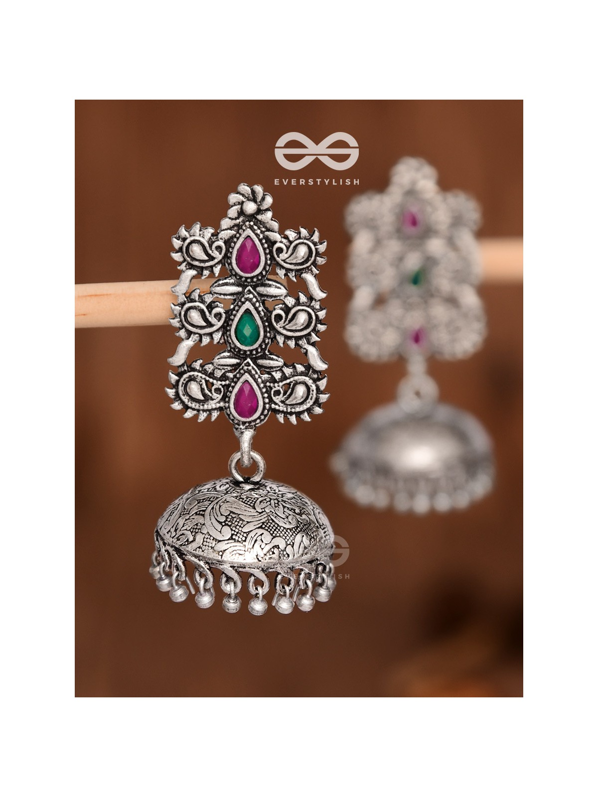 The Intricate Wonders (Ruby Emerald) - Embellished Oxidised Jhumkas