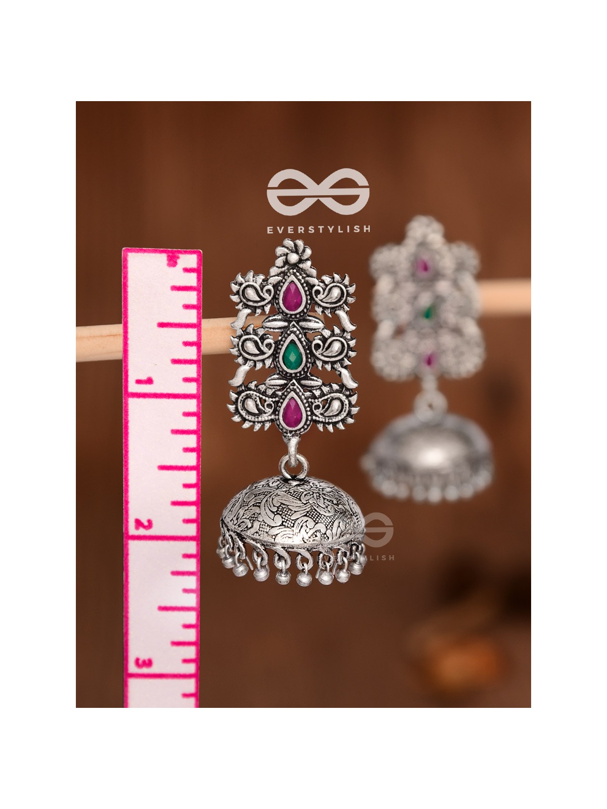 The Intricate Wonders (Ruby Emerald) - Embellished Oxidised Jhumkas
