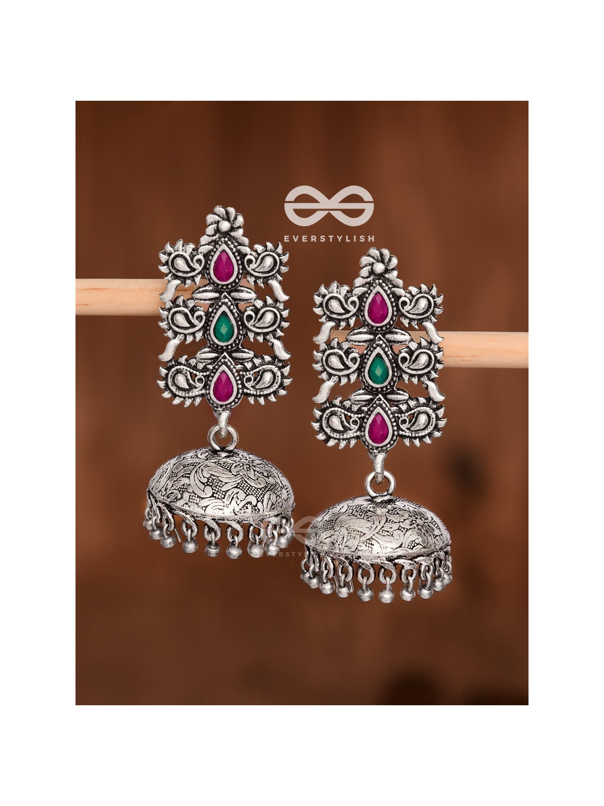 The Intricate Wonders (Ruby Emerald) - Embellished Oxidised Jhumkas