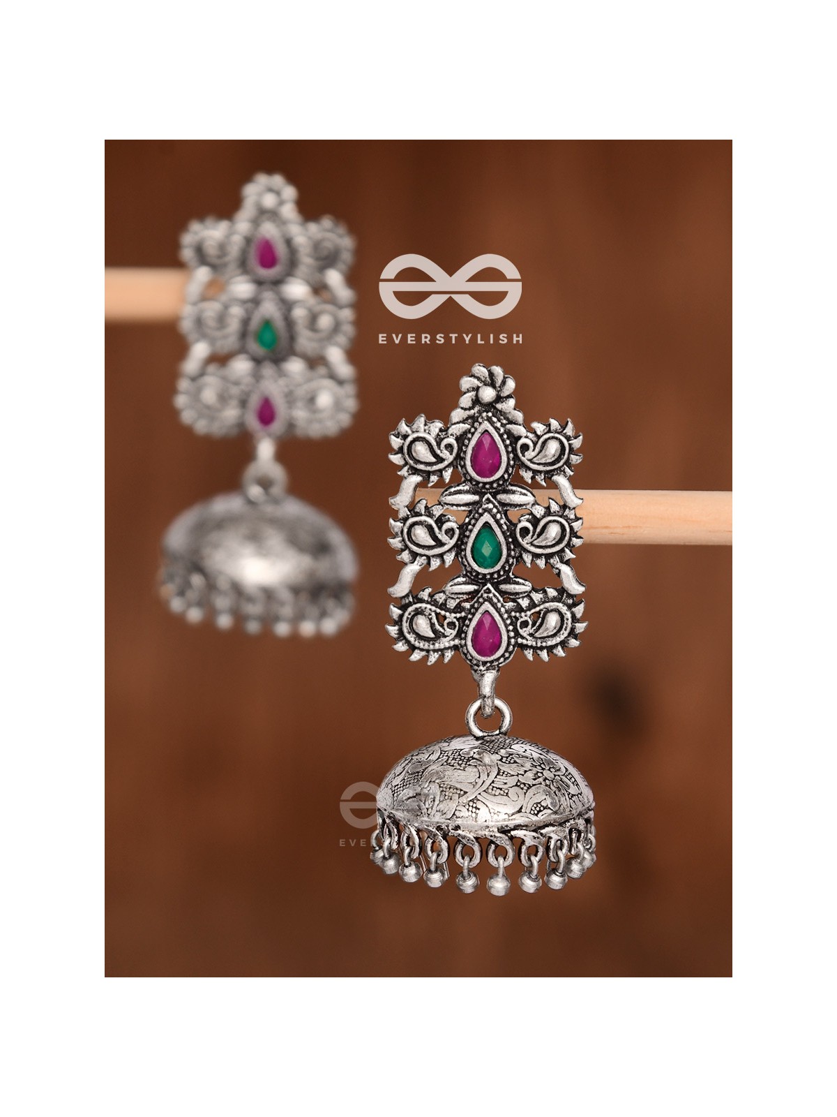 The Intricate Wonders (Ruby Emerald) - Embellished Oxidised Jhumkas