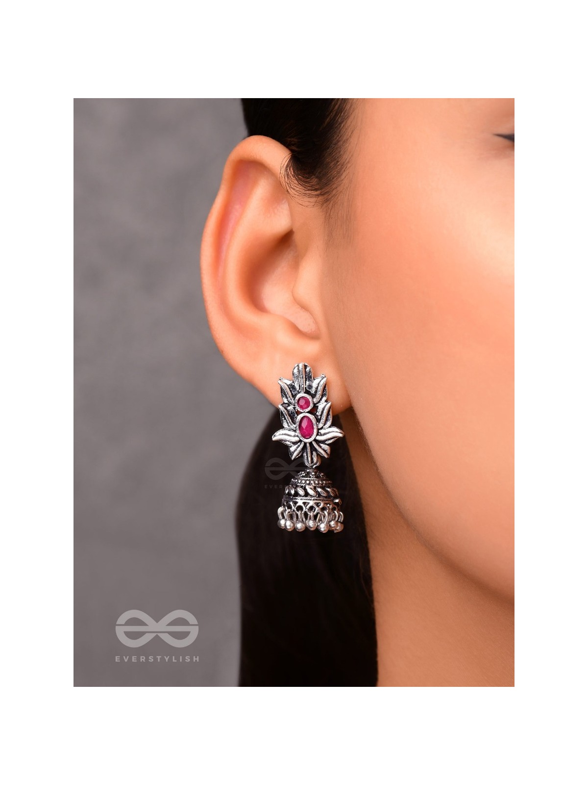 The Little Layered Jhumki (Ruby Red) - Embellished Oxidised Collection