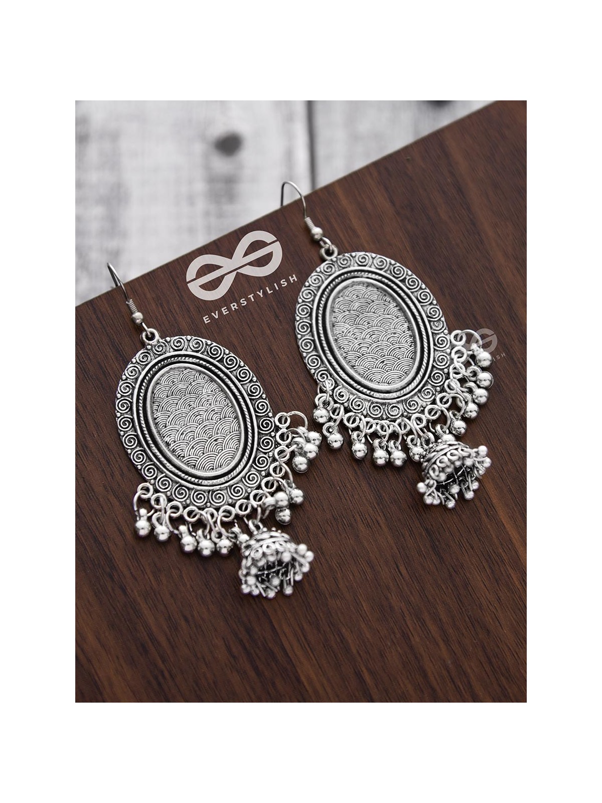 The Motif Mirror Frame Jhumkis - Oxidised Boho Earrings