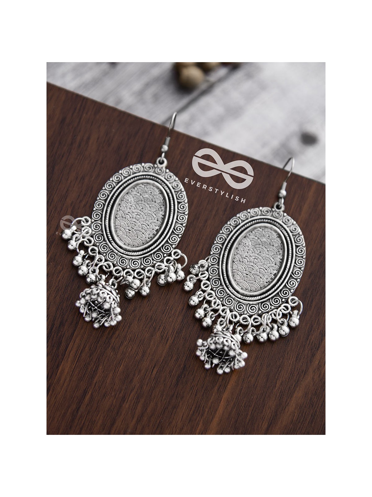 The Motif Mirror Frame Jhumkis - Oxidised Boho Earrings
