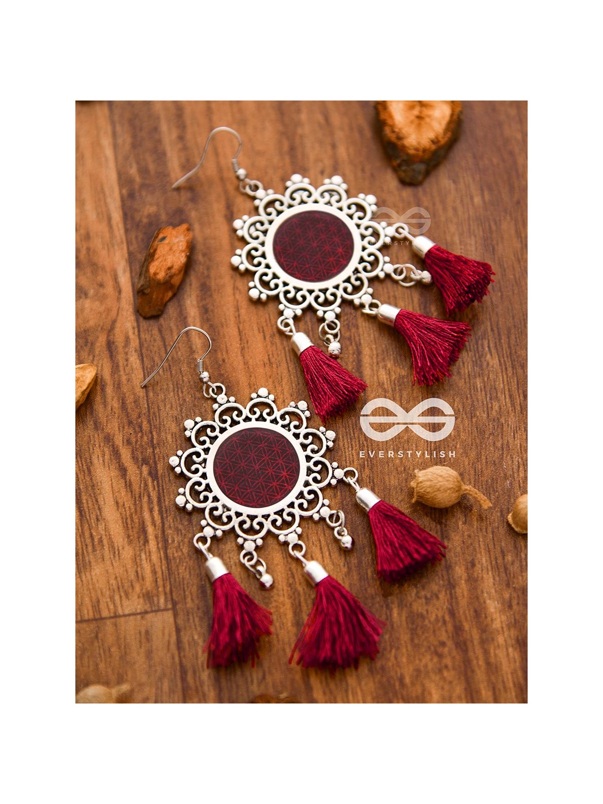 The Enamelled Tasselled Sun (Burgundy) - Oxidised Boho Earrings