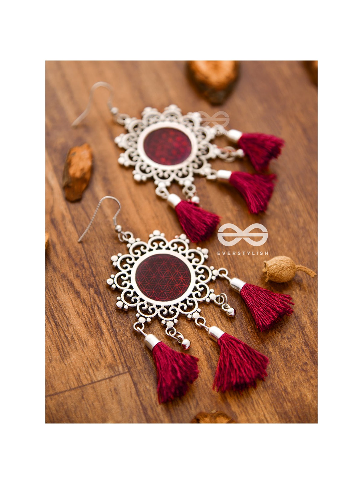 The Enamelled Tasselled Sun (Burgundy) - Oxidised Boho Earrings